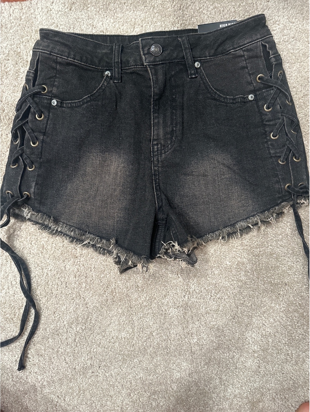 (4)Madden NYC High Rise Black Denim Shorts with Lace-Up Sides Size 4